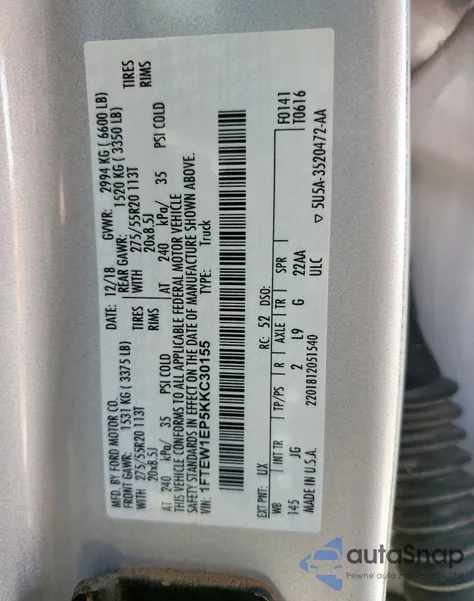 2019 Ford F150 Supercrew из США, поврежденный, VIN 1FTEW1EP5KKC30155